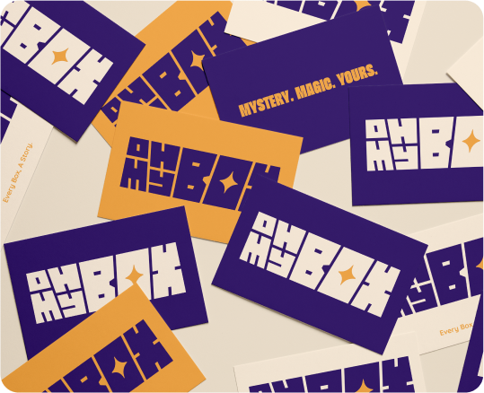 OH MY BOX branding cards mockup in bold purple and orange layout for portfolio